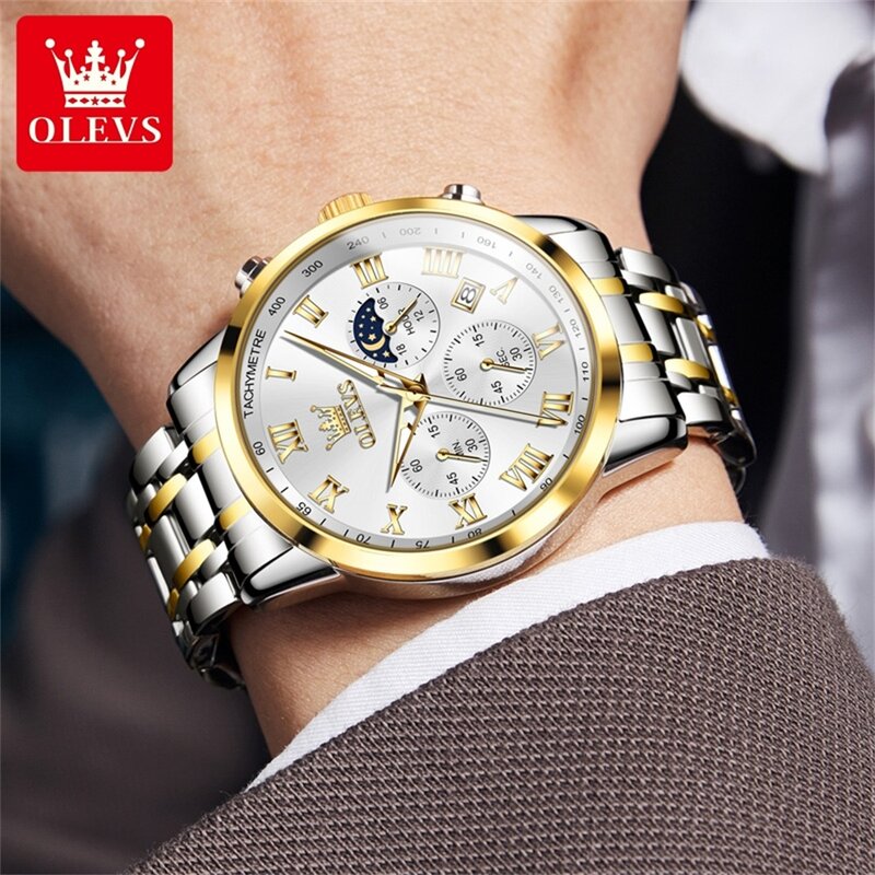 OLEVS-reloj analógico con correa de cuero para hombre, accesorio de pulsera de cuarzo resistente al agua con cronógrafo, complemento Masculino de marca de lujo con calendario, a la moda