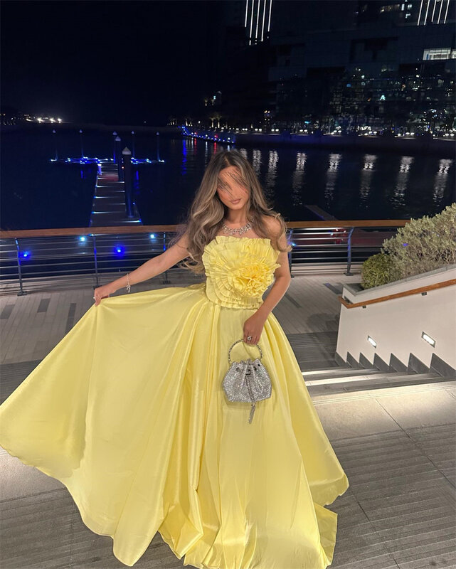 Prom Dresses Elegant Fashion Strapless Floor Length A-line Sleeveless Ruched Flower Formal Evening Gowns فساتين سهرة vestido