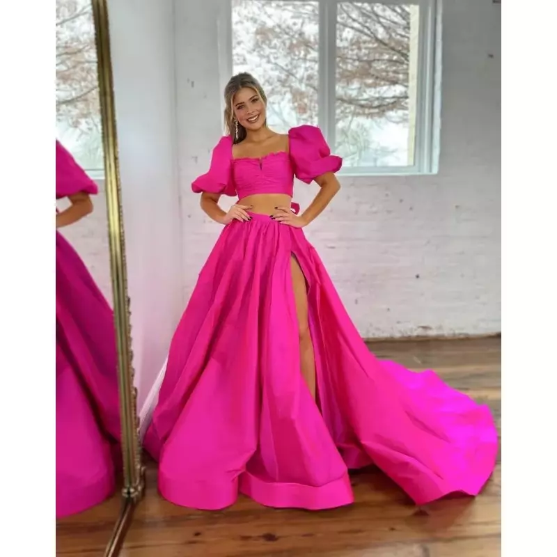 Wakuta Short Puffy Sleeve Prom Dresses for Women 2024 Square Neck A Line Ball Gowns Formal Evening Dresses with Slit robe soirée