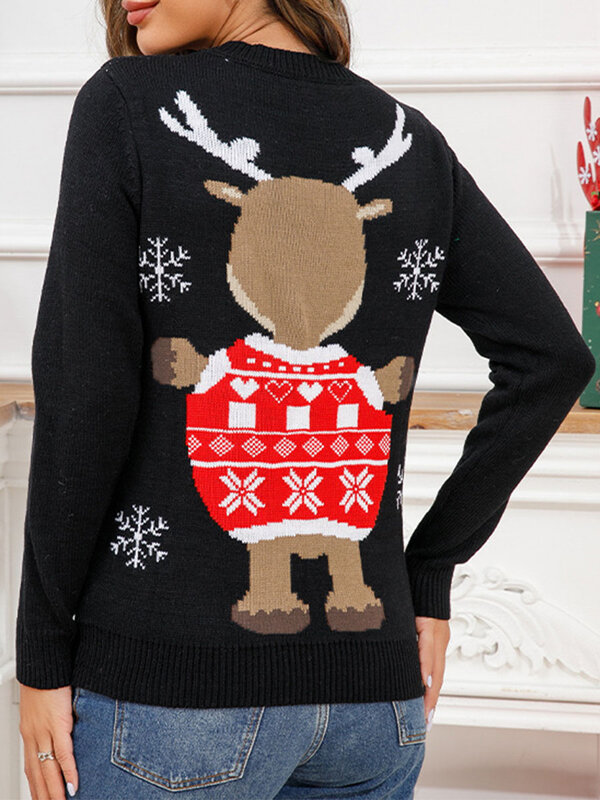 Świąteczny sweter damski zima z długim rękawem okrągły dekolt wzór w renifery luźny krój pulowerowe topy