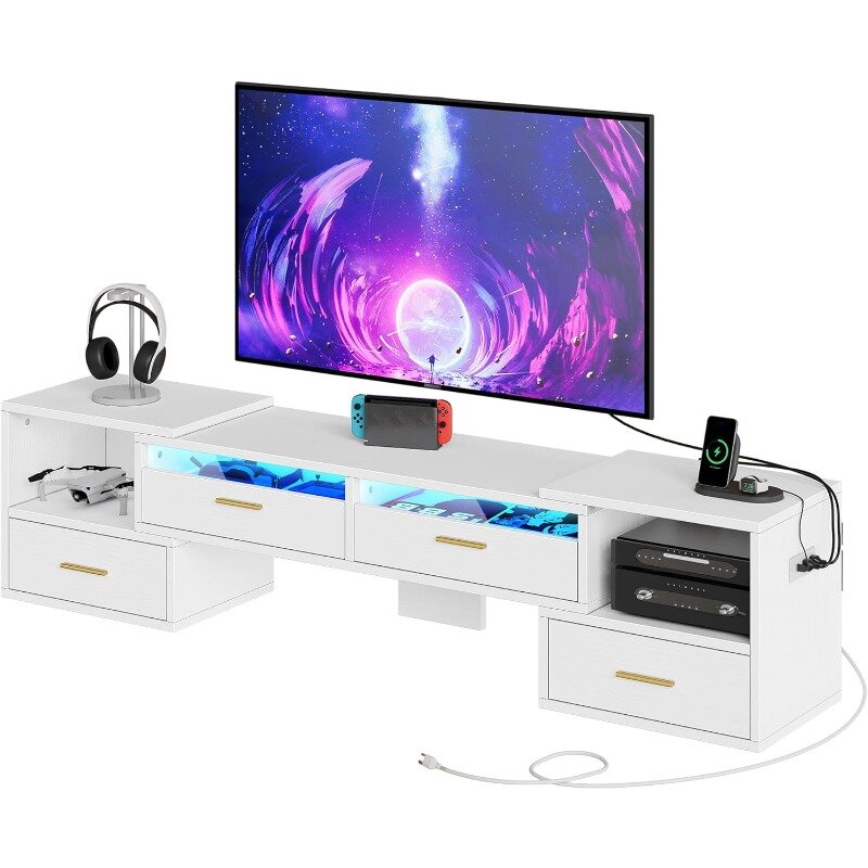 Deformable TV Stand w/Power Outlets & LED Strip, Modern DIY Entertainment Center Freely-Rotating for 45-75 Inch TVs