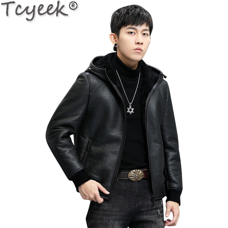 Tcyeek-abrigo de piel auténtica para hombre, chaqueta de piel Natural con capucha, ropa de calle a la moda, novedad de invierno