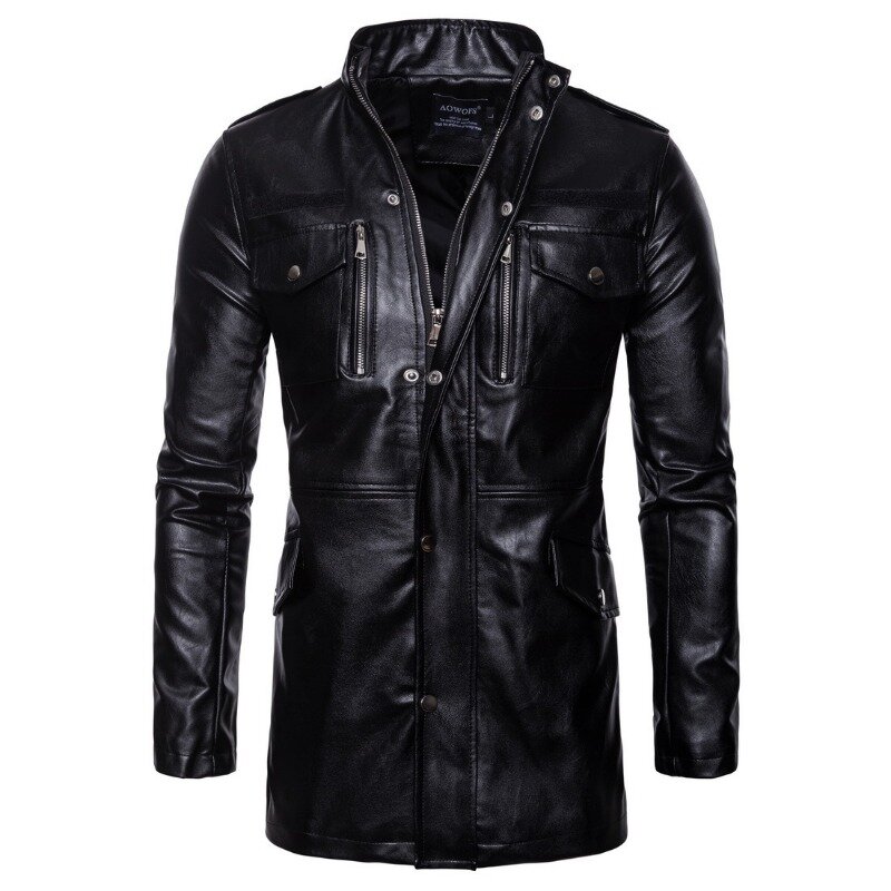 Jaqueta de couro de comprimento médio masculina, roupa casual, bolsa de quatro boca, monocromática, tamanho grande, nova moda, 2023