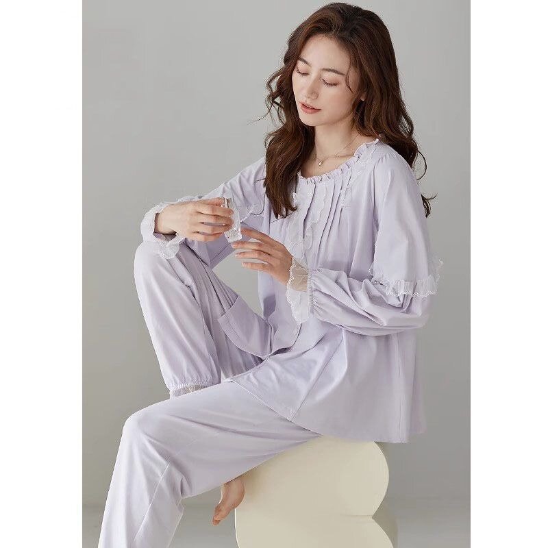2024 nuovo pigiama di cotone donna a maniche lunghe primavera autunno Loungewear Cardigan Homewear Suit sciolto Falbala Plus Size Sleepwear