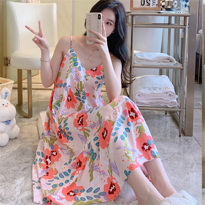 Women Viscose Nightgown Sexy Sling Nightdress Summer Thin Casual Breathable Home Costume Girl Sweet Printing Lingerie Sleepwear