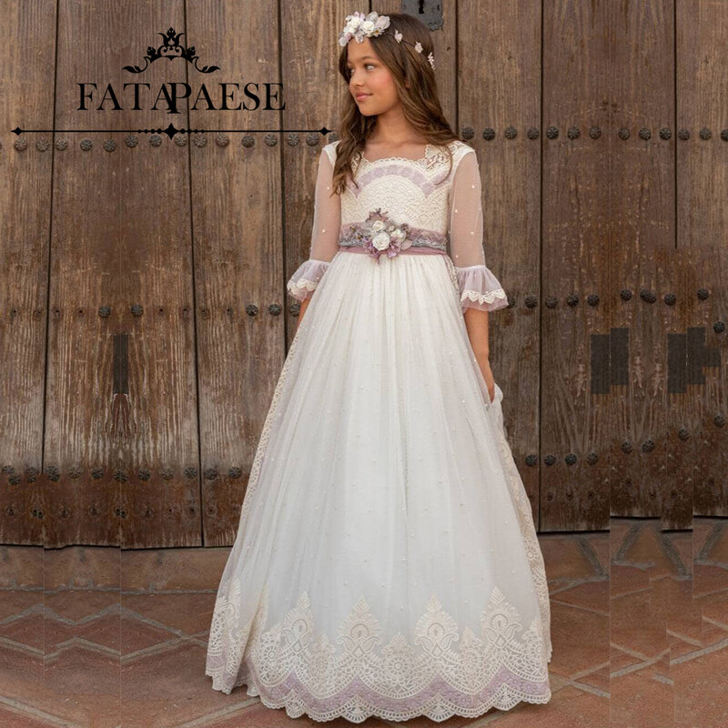 Платье для причастия FATAPAESE, длинная Паровая юбка с рукавом до локтя, квадратный вырез, элегантное ретро-платье с вышивкой и бантом