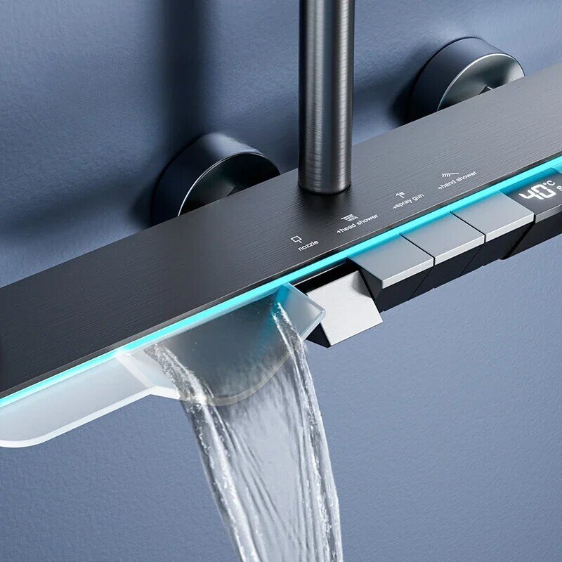 Keran Pancuran kamar mandi hujan, Set Pancuran kamar mandi Modern dan sistem kunci Piano tampilan Digital Led untuk dinding