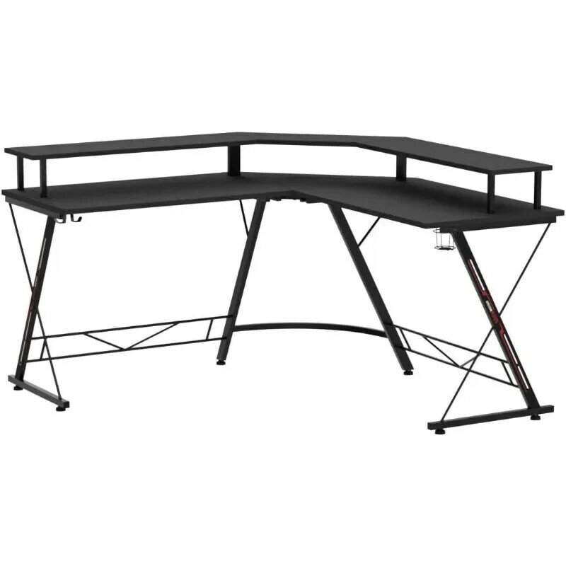 SEVEN WARRIOR L Shaped Gaming Desk with LED Lights & Power Outlets, 50.4” Computer Desk with Monitor Stand & Carbon Fiber