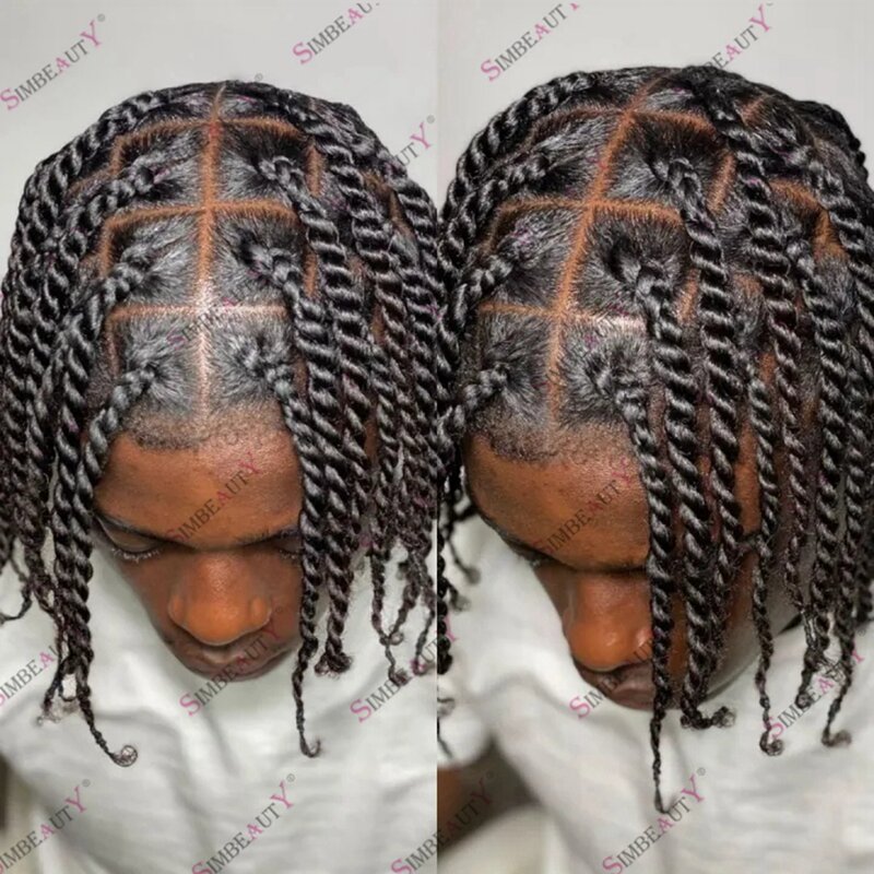 Handtied Twist Braids Cabelo humano para homens negros, Microskin, base PU, tranças sujas afro, sistema capilar
