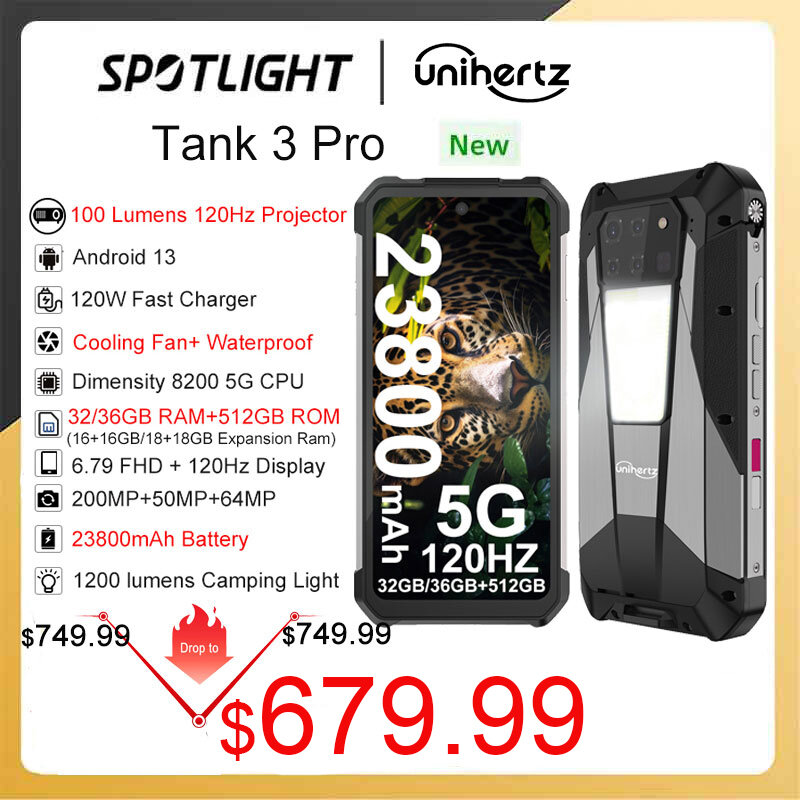 Unihertz Tank 3 Pro 8849 telefoni robusti 5G con proiettore da 100 lumen 32/36GB 512GB 23800mAh smartphone impermeabili da 200mp