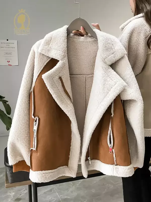 Mantel musim gugur dan dingin wanita, jaket Harem perca longgar kasual, jaket rambut domba dengan saku Crop Vintage Korea 2023