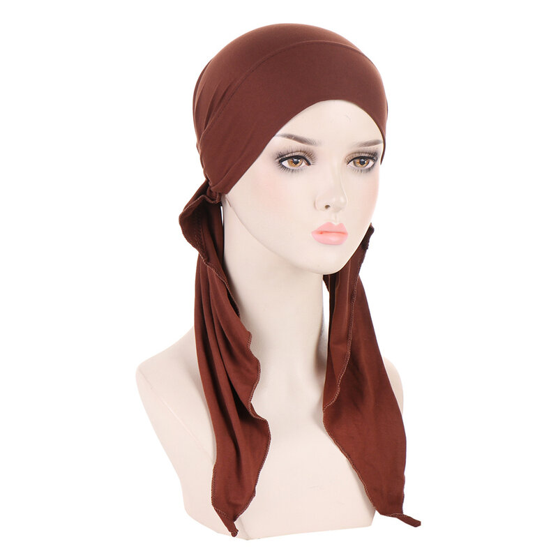 Stretch Muslim Hijab Turban Solid Color Long Tail Pre-Tied Hat Beanies Bonnet Women Chemo Cap Headscarf Bandanas Hair Loss Wraps