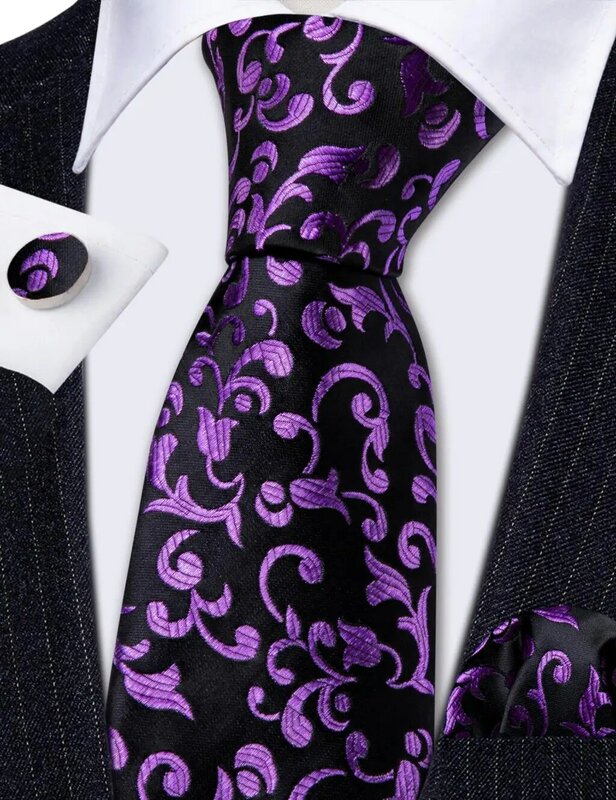 Gifts Silk Purple Men Tie With Pocket Square Cufflink Set New Floral Silk Suit Necktie For Male Formal Designer Party Barry.Wang