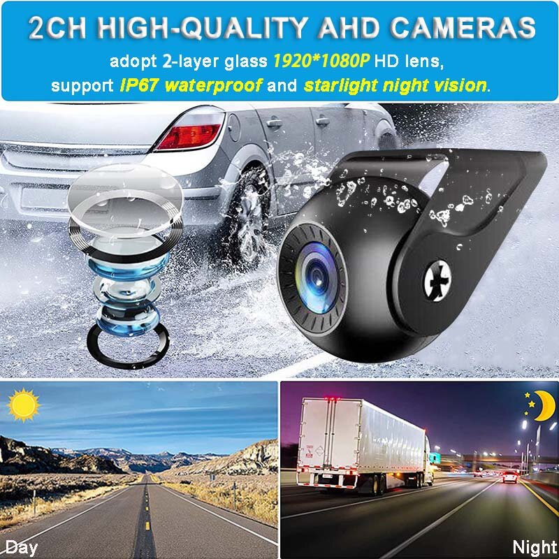 Monitor de carro IPS AHD com luz estelar, câmera do veículo, visão noturna, BSD, sistema de backup de ponto cego, gravador de estacionamento de ônibus e caminhões