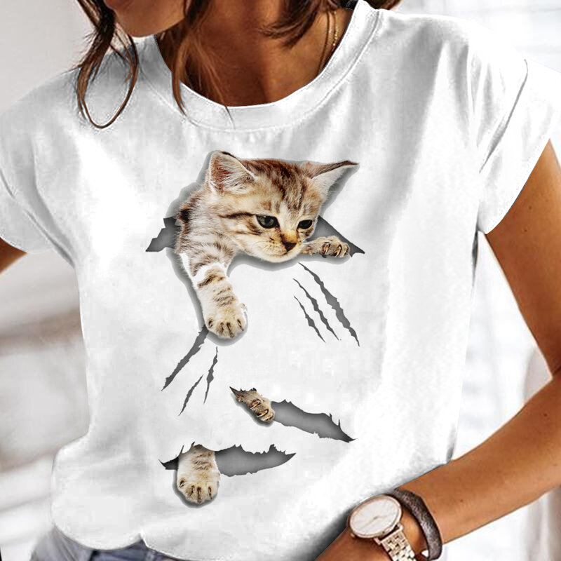 Maglietta estiva da donna Cat Print Casual manica corta magliette 3d Fashion Streetwear girocollo Pullover abbigliamento femminile oversize