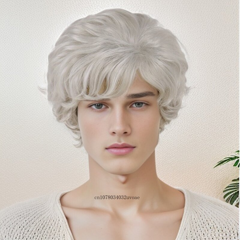 Synthetic Wig Short Curly Hair Wig with Bangs Cosplay Costume Anime Men's Wig Light Grey Natural Soft Daily Heat Resistant Fiber