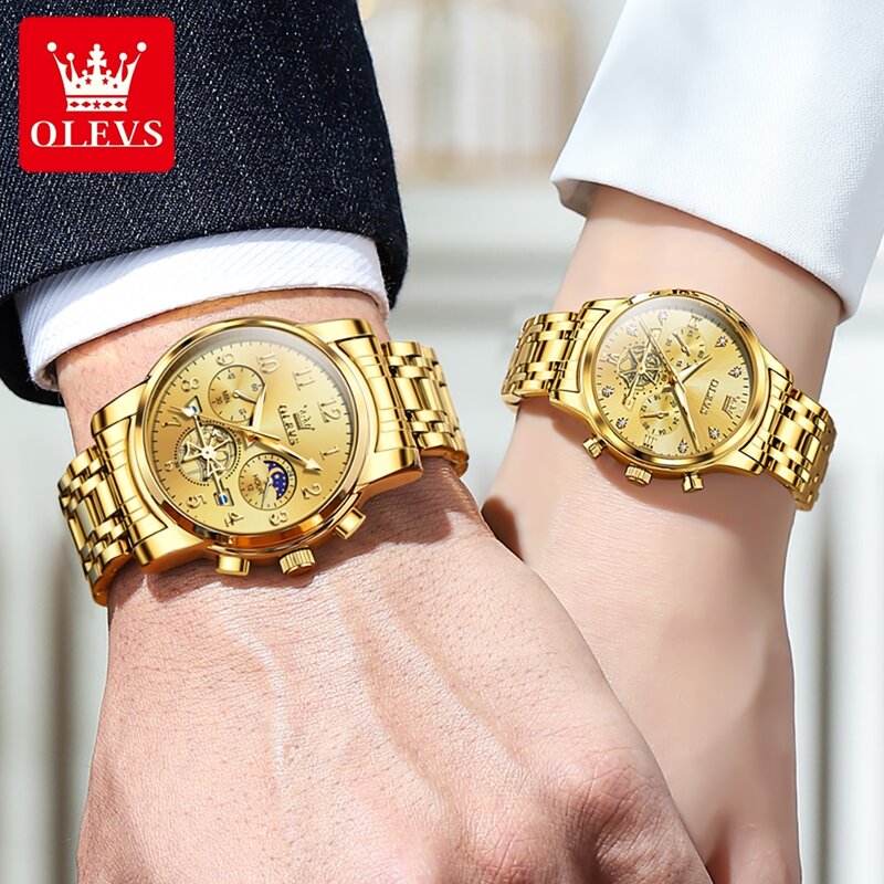 OLEVS jam tangan kekasih baja tahan karat, jam tangan kuarsa emas modis untuk pasangan pria dan wanita 2024