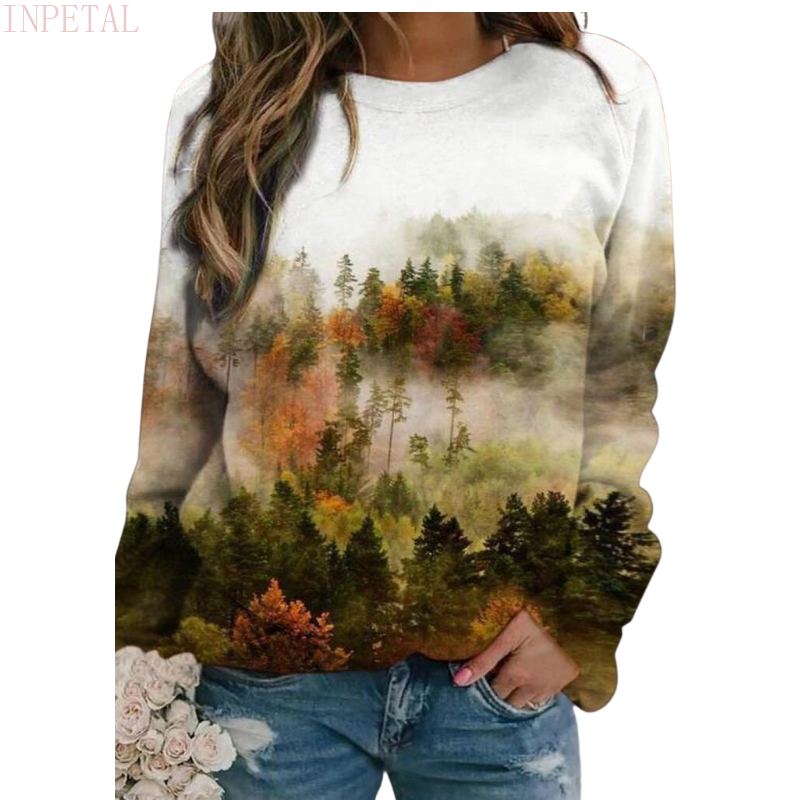 Sweater musim gugur wanita, mantel lengan panjang kasual cetak Sweatshirt leher bulat Pullover seni lukisan gunung hutan atasan t-shirt