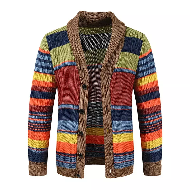 Men's Knitted Cardigan New Sweater Jacket Autumn and Winter Lapel Spell Color Knitted Sweater