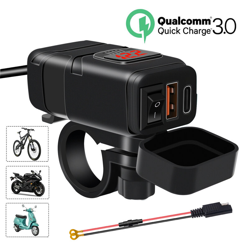 Carregador celular rápido USB da motocicleta, Porta impermeável tipo C, Conector de soquete com celular voltímetro móvel, Digital para bicicleta, Moto