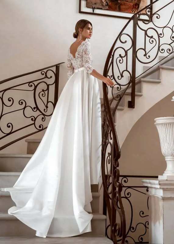 High Quality Satin Ball Gown Wedding Dress 2024 Luxury Half Sleeve Europe Style Wedding Gowns Ball Gown Plus Size Court Train