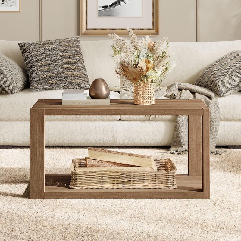 SICOTAS Farmhouse Wood Coffee Table - Boho Table with Storage Shelf, Rectangle Center Table Wood Look Accent