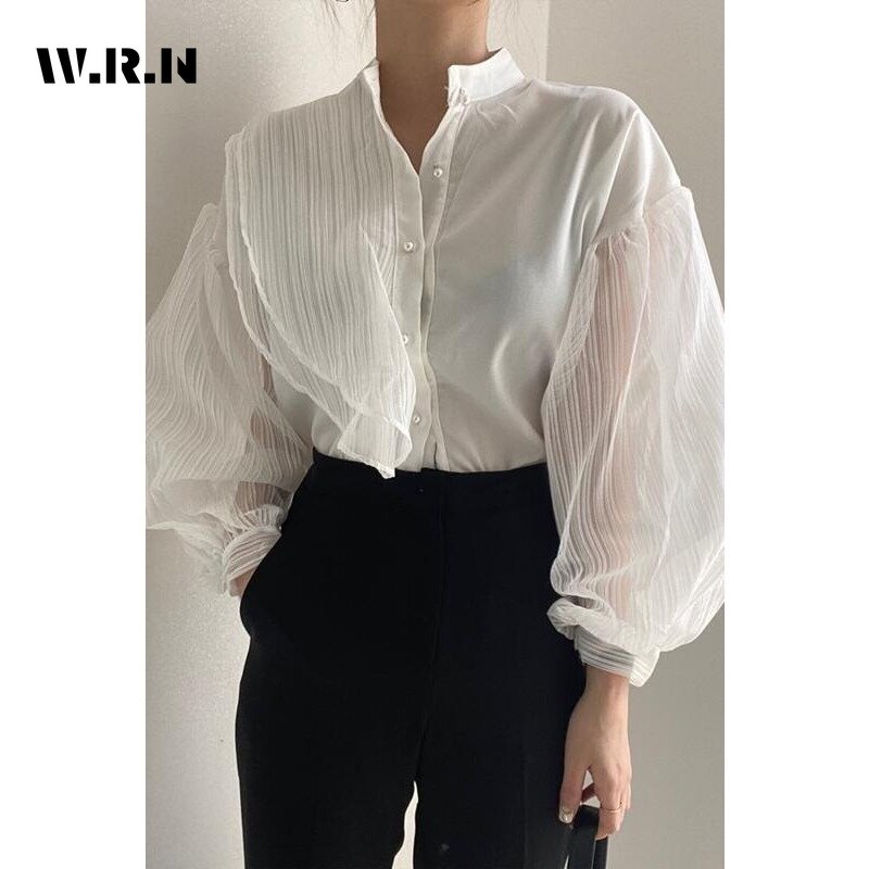 Blusas coreanas de patchwork gola Stand para mulheres, estilo casual, com peito único, estilo solto, chique, camisas de manga longa, brancas, primavera, 2022