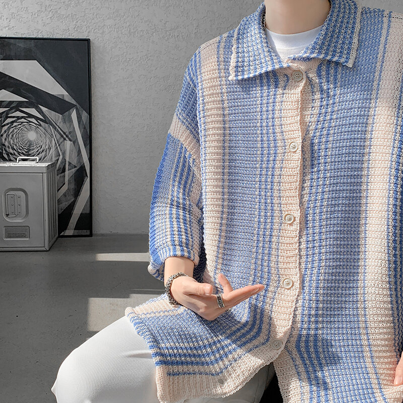 Рубашка мужская Трикотажная в полоску, с отложным воротником, свободного покроя