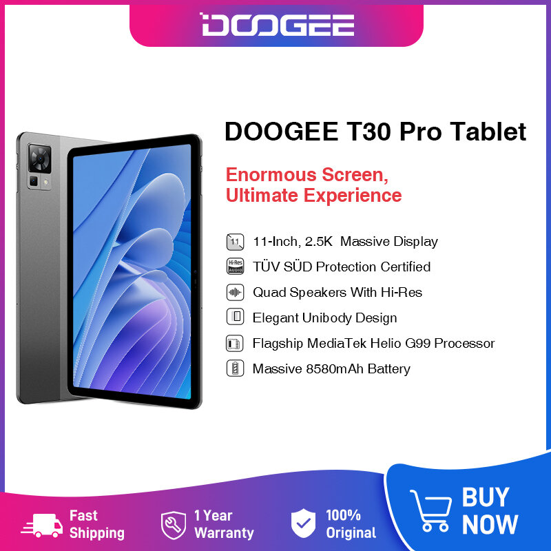 DOOGEE-T30 Pro Tablet com Plug JPN, Quad Speaker, T30 Pro, 11 ", 2.5K Display, TAV, Certificado TUF, 8GB, 256GB, Helio G99, 6nm, Câmera de 20MP, mAh 8580
