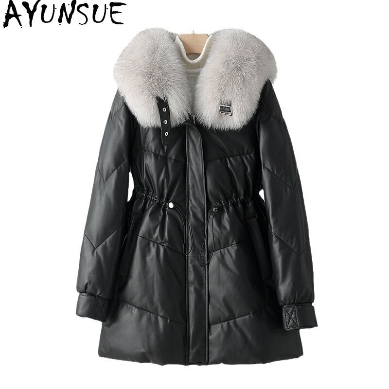 AYUNSUE-Chaqueta de piel de oveja auténtica para mujer, abrigo de plumas de ganso blanco 100%, Cuello de piel de zorro, chaquetas de cuero sueltas de moda coreana, 90%