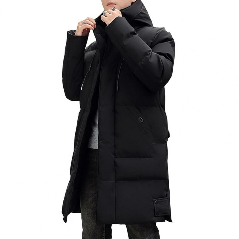 Men Parkas Thickened Hooded Winter Down Coat Solid Color Padded Cardigan Midi Length Zip Up Men Coat For Daily Wear