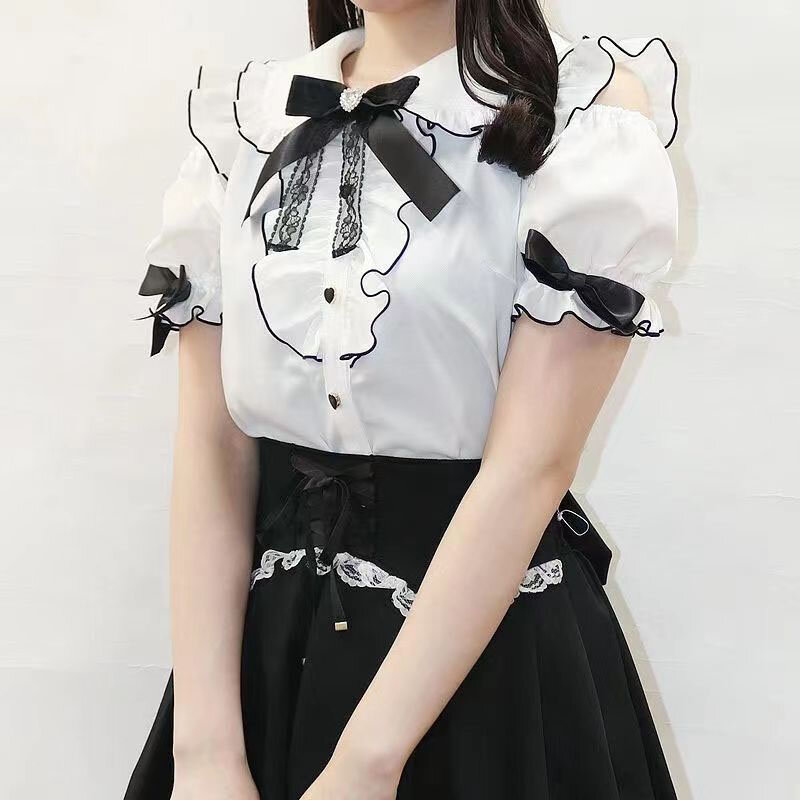 Lolita blus semua cocok modis wanita musim panas Jepang Y2k atasan bahu terbuka lucu manis kaus busur berkerut estetika