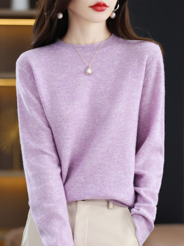 Wiosna Jesień Kobiety O-neck Sweter z długim rękawem Sweter Basic Casual 100% wełna merynosów Dzianina Miękka wygodna odzież Koreańskie topy