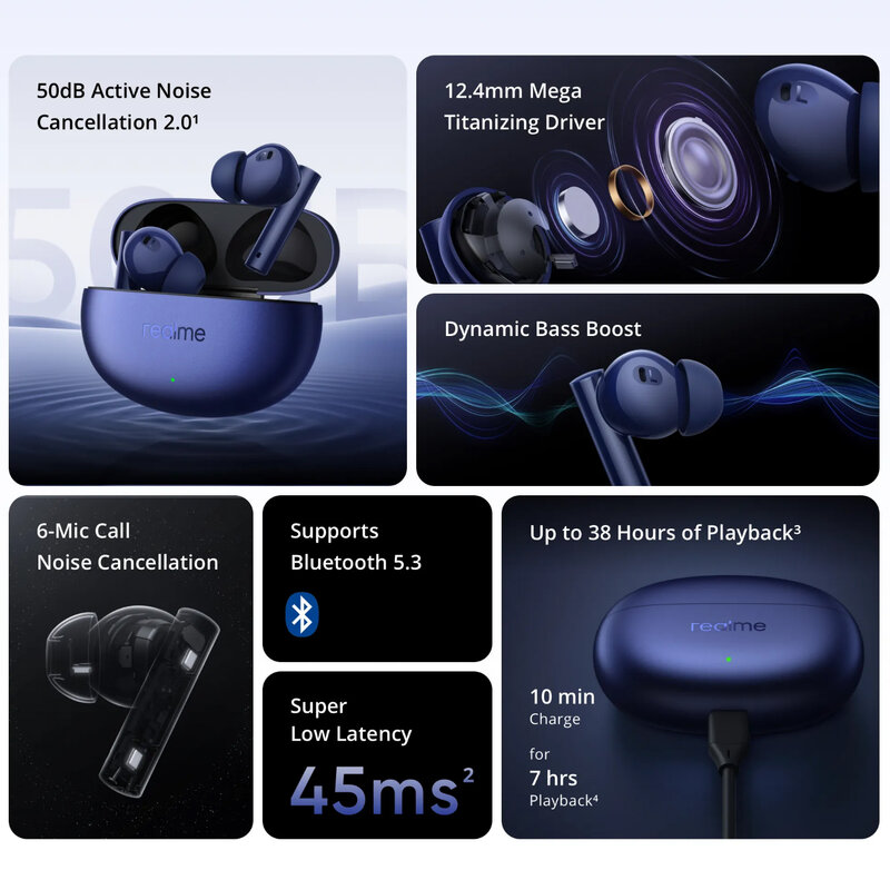 سماعات أذن TWS الإصدار العالمي من Realme Buds Air 5 ، خاصية إلغاء الضوضاء النشطة ، 50 ديسيبل ، عمر البطارية 38 ساعة ، IPX5 ، بلوتوث 5.3