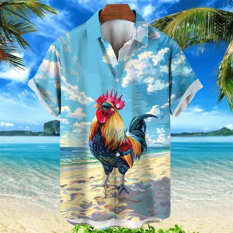 2024 Herren Hawaii Hemden 3D-Drucke Strand Huhn Grafik Sommer Kurzarmhemd für Hawaii-Stil Mode Unisex Aloha Shirt