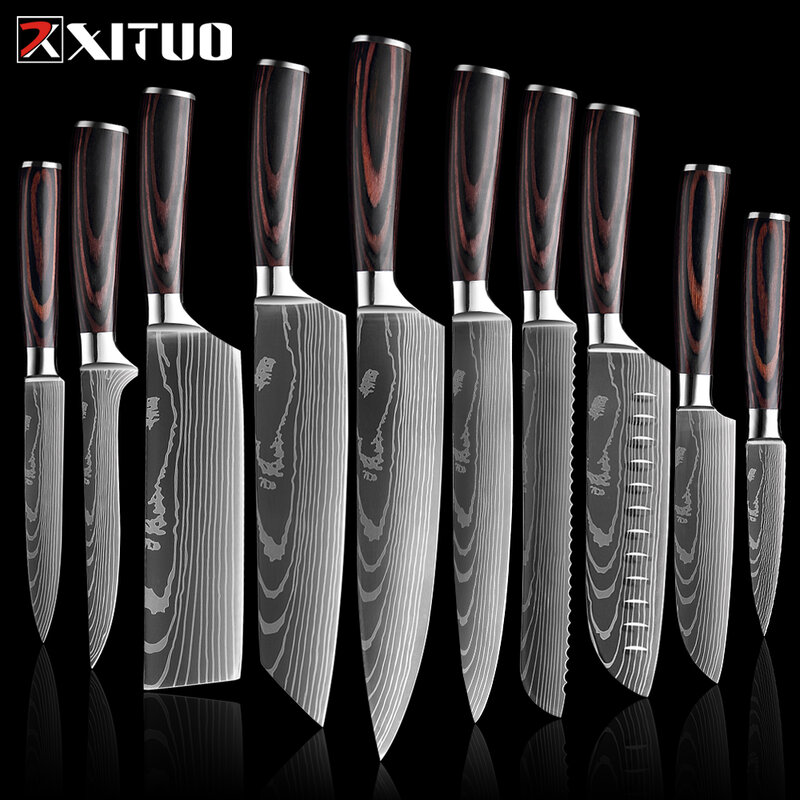 XITUO-Laser Damasco Padrão Facas de Cozinha Set, Faca Chef, Ultra-Sharp, Santoku, Cutelo, Corte, Utilidade, Fruta, 1-10pcs
