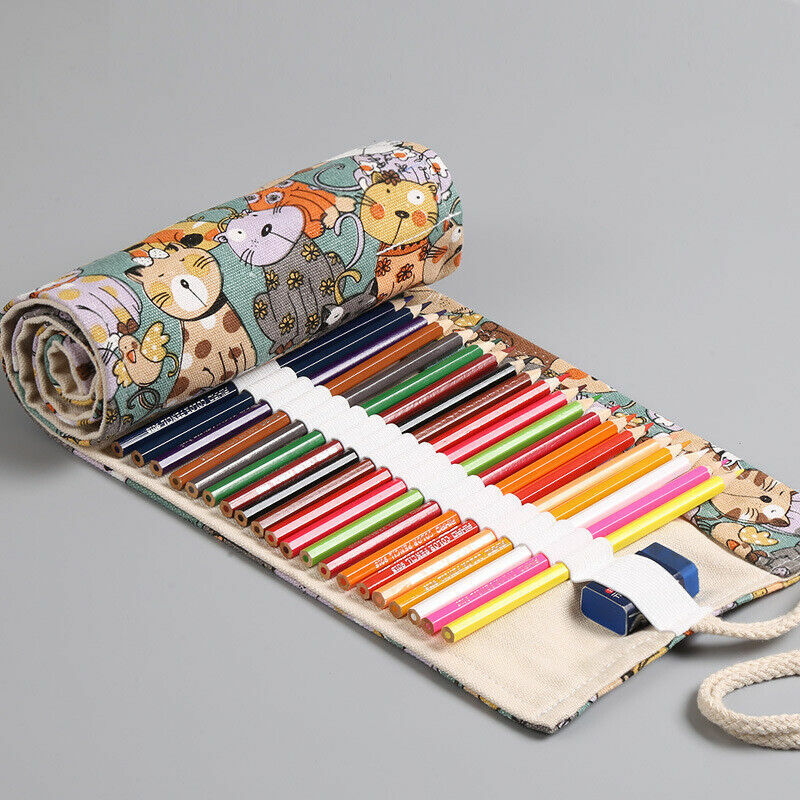 حقيبة أقلام رصاص قماشية مطبوعة بالزهور ، ستارة قلم بسعة كبيرة ، 12 فتحة ، قطة كرتونية لطيفة ، ألوان الذكور والنساء ، اللوازم المدرسية