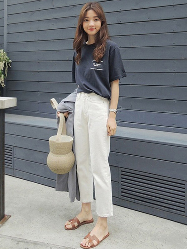 Solid white women jeans streetwear y2k aesthetic boyfriend jeans for Women's pants korean fashion ankle length denim pants
