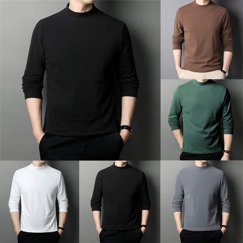 Camisetas de Cuello medio alto para hombre, jersey básico de manga larga, Tops cálidos, camiseta ajustada, Otoño e Invierno