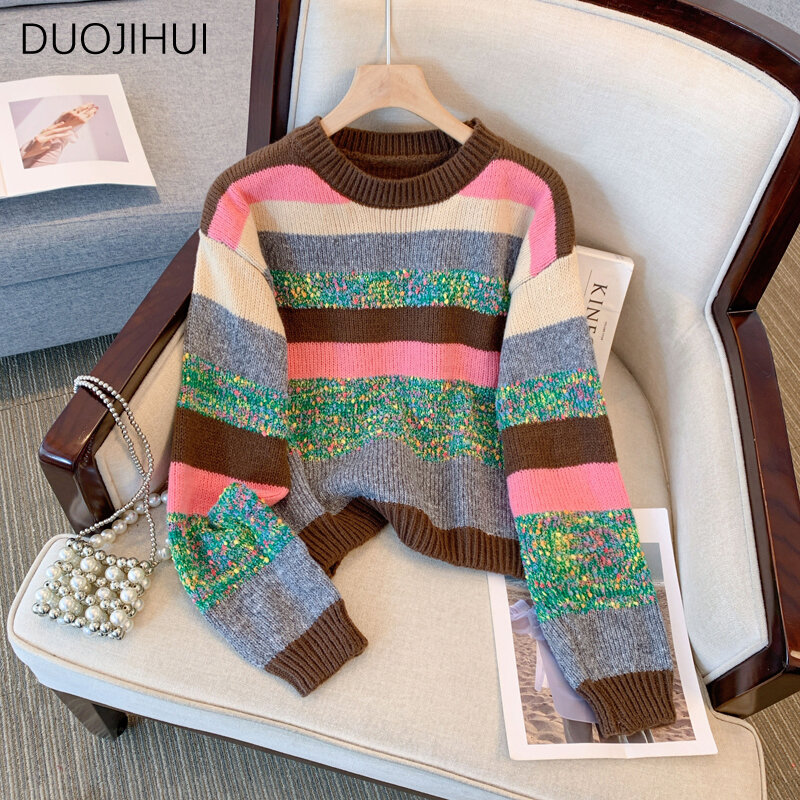 DUOJIHUI-Suéter de malha com decote a 0 feminino, pulôveres casual simples, cor de contraste, listrado, clássico, feminino, nova moda, outono