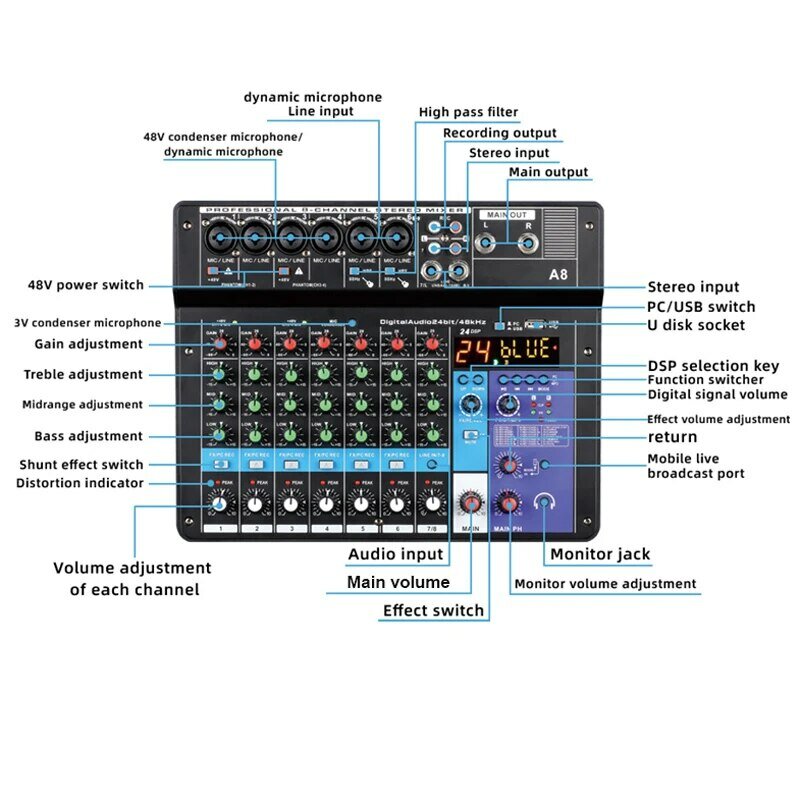 Mixer Audio professionale Console di missaggio Audio a 8 canali A8 supporto interfaccia di alimentazione Bluetooth USB 48V per la registrazione di feste Karaoke