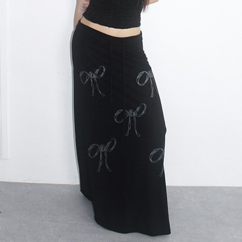 Women's Skirt Retro Elegant Multi-bow Print Skirt Chic Drawstring Strap High Waist Long Skirt Streetwear