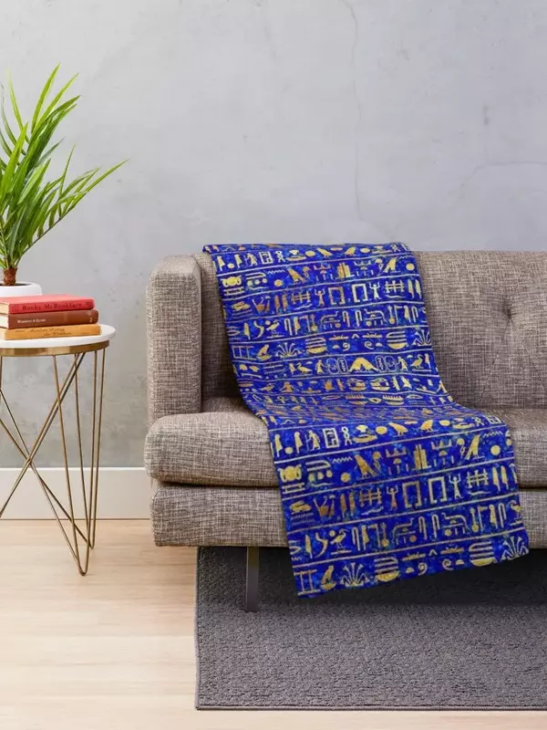 Blue Lapis and Gold Hieroglyphics Mask Throw Blanket Flannel Fabric Retros Soft Beds blankets ands Blankets
