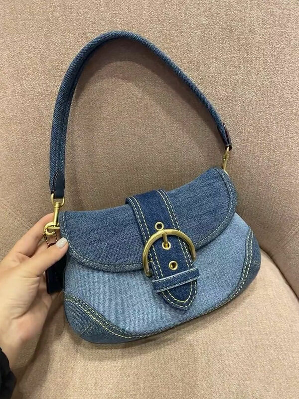 Women's Cowboy Underarm Bag 2024 New Fashion High end Texture Shoulder Bag Popular Commuter Retro Spliced Luxury Handbag
