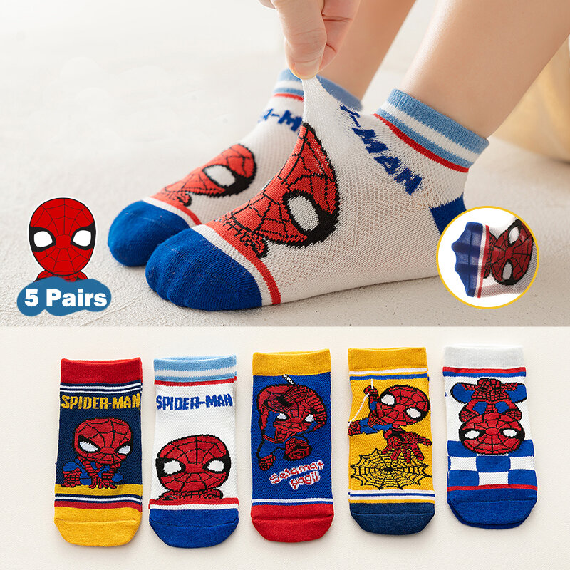 5 Pairs Kinder Socken Spiderman Anime Kinder Jungen Kurze Socke Iron Man Captain America Cartoon Baby Sommer Frühling Mesh Socken 1-12Y