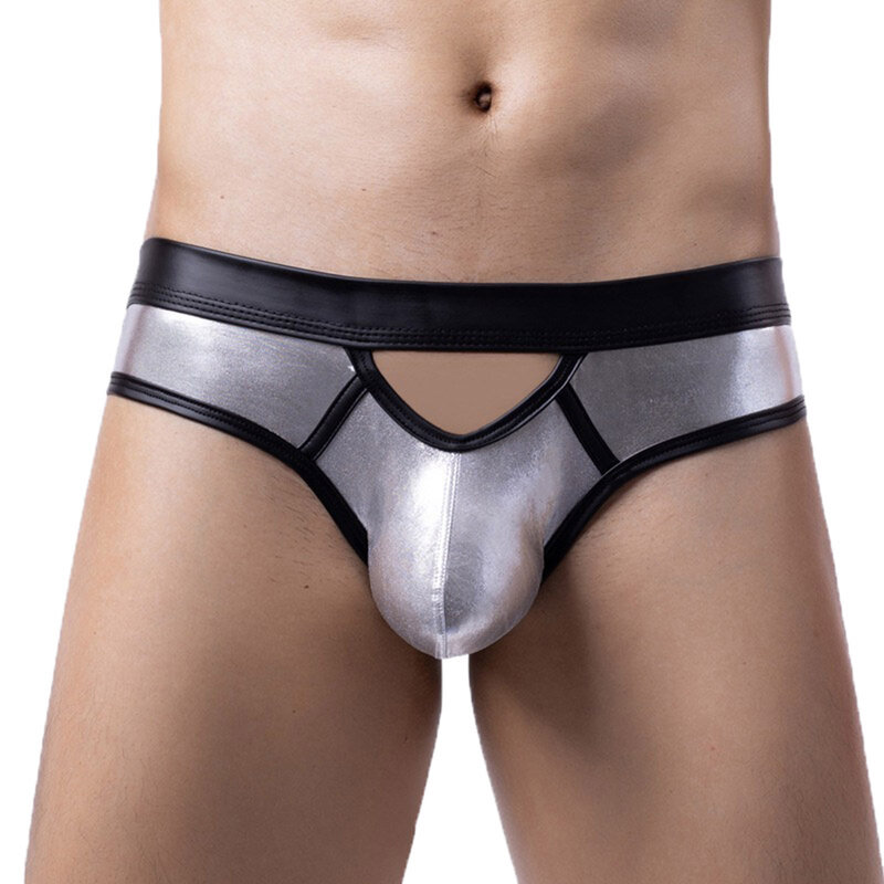 Gay Mens Underwear U Convex Big Penis Pouch Briefs Sexy Low Rise Contrast Color Bikini Bottoms Shiny Patent Leather Underpants