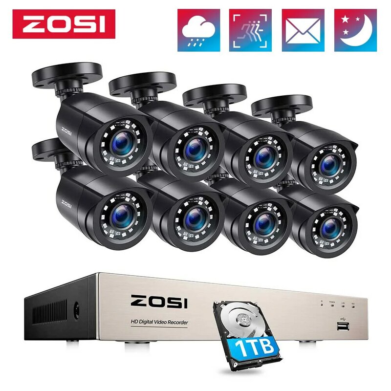 ZOSI 8CH ระบบกล้องวงจรปิด H.265 + 5MP Lite HD-TVI DVR ชุด8 1080P 2MP ความปลอดภัยในบ้านกลางแจ้งการมองเห็นได้ในเวลากลางคืนกล้องชุดการเฝ้าระวัง