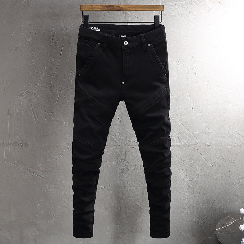 Homens Slim Fit emendados jeans, calças de motociclista, remendada, hip hop, moda streetwear, alta qualidade, preto, designer