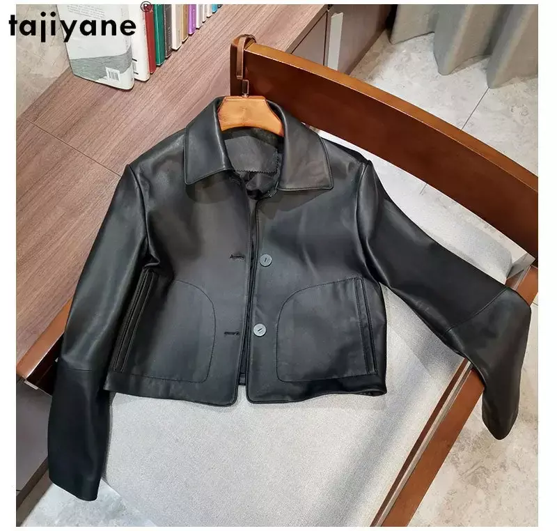 Tajiyane 여성용 진짜 가죽 재킷, 2023 짧은 패션 가죽 재킷, 싱글 브레스트 가죽 코트, 정품 양가죽 코트