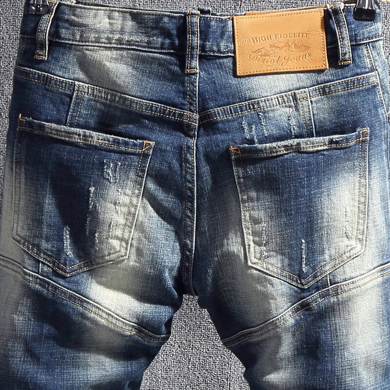 Moda de rua designer calças jeans retro azul estiramento magro rasgado jeans homens camuflagem bolso hip hop denim biker calças hombre